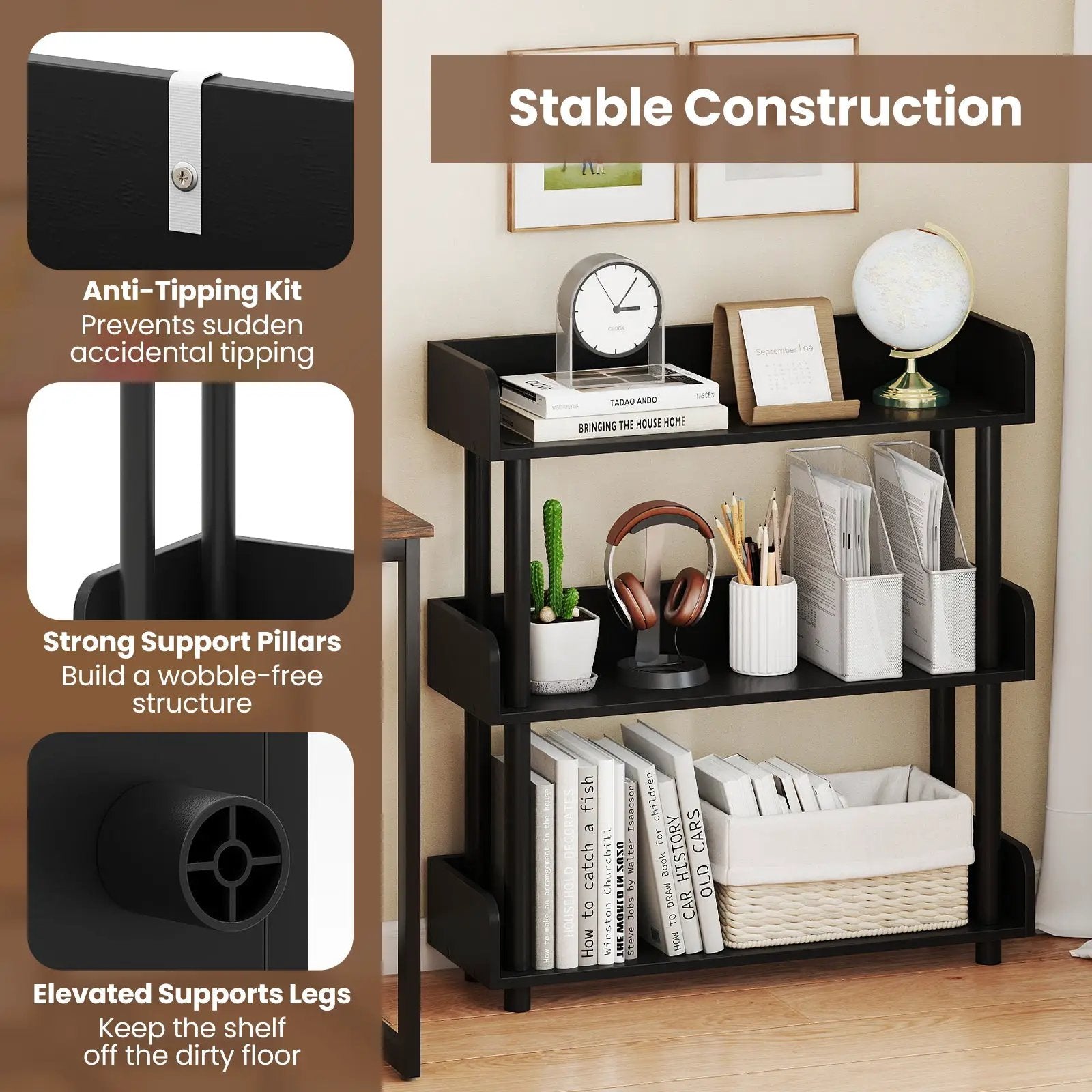 3-Tier Bookshelf with Anti-Tipping Kit and Industrial Storage Unit for Living Room by DirectDeals