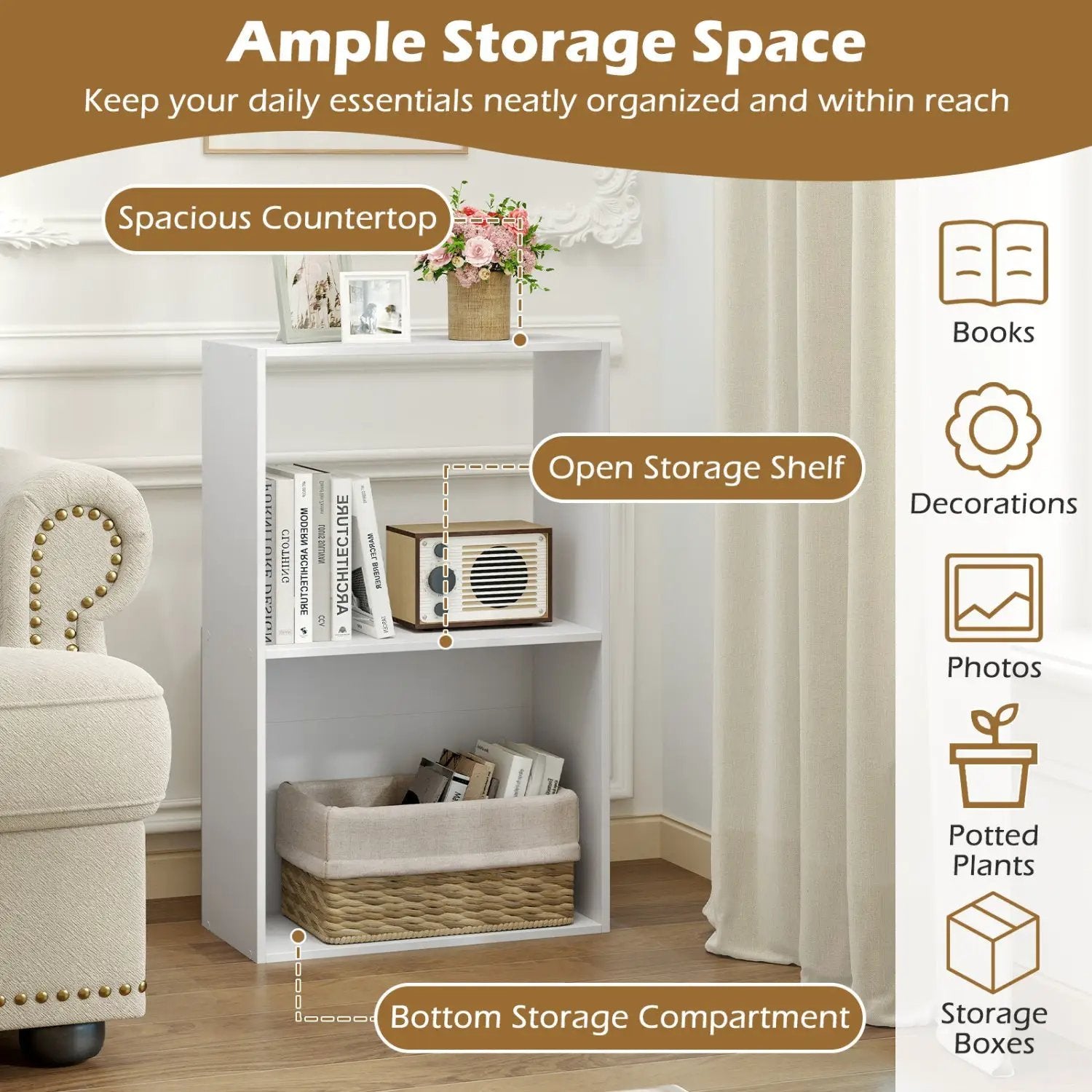 3-Tier Bookshelf with Open Storage Compartments by DirectDeals