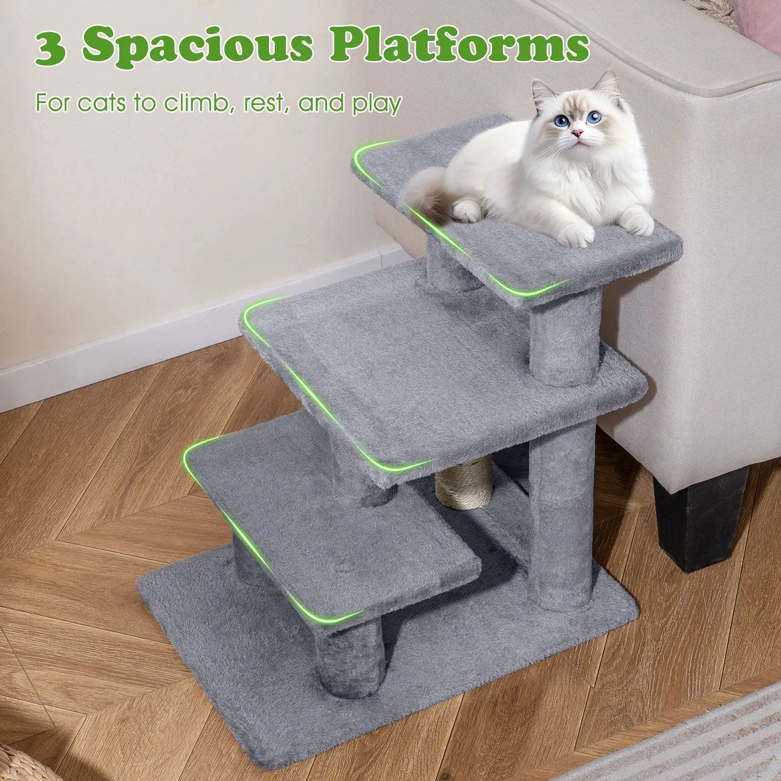 3-Tier Cat Stairs 19 Inch Plush Steps with Scratching Posts for High Bed Sofa-Gray by DirectDeals
