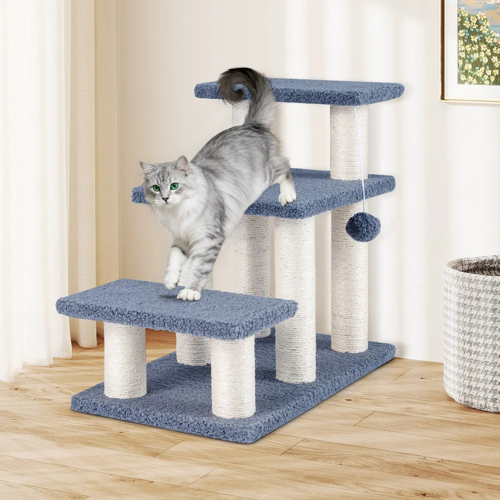 3-Tier Cat Stairs 20 Inch with Scratching Posts and Hanging Toy Ball-Gray by DirectDeals
