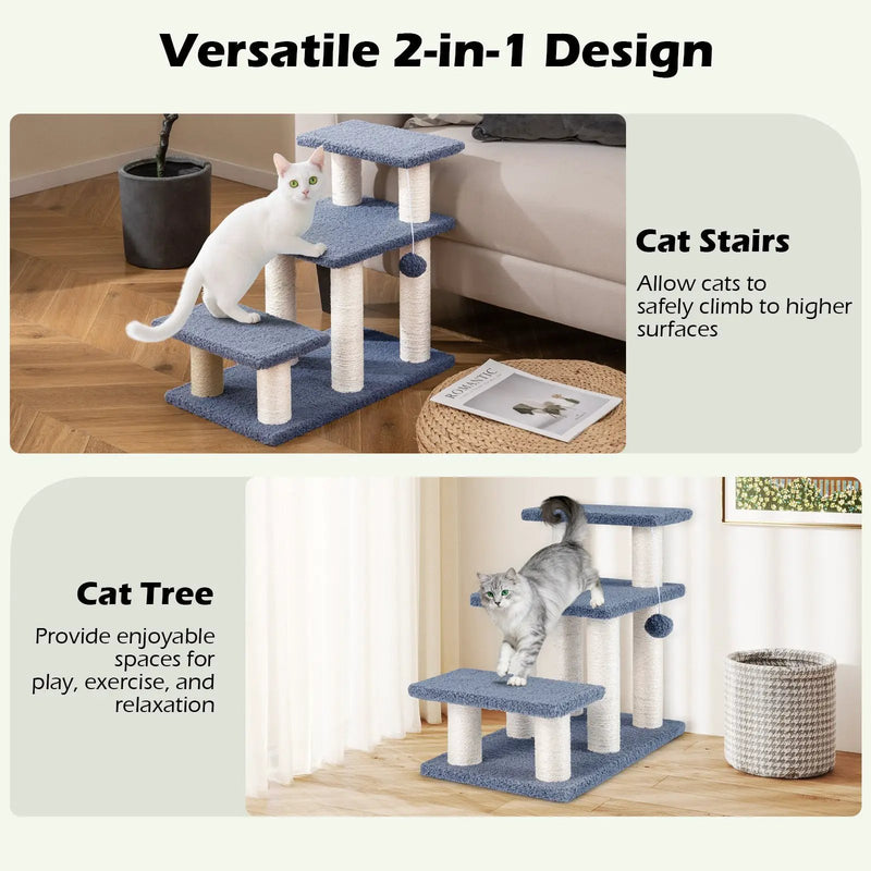 3-Tier Cat Stairs 20 Inch with Scratching Posts and Hanging Toy Ball-Gray by DirectDeals