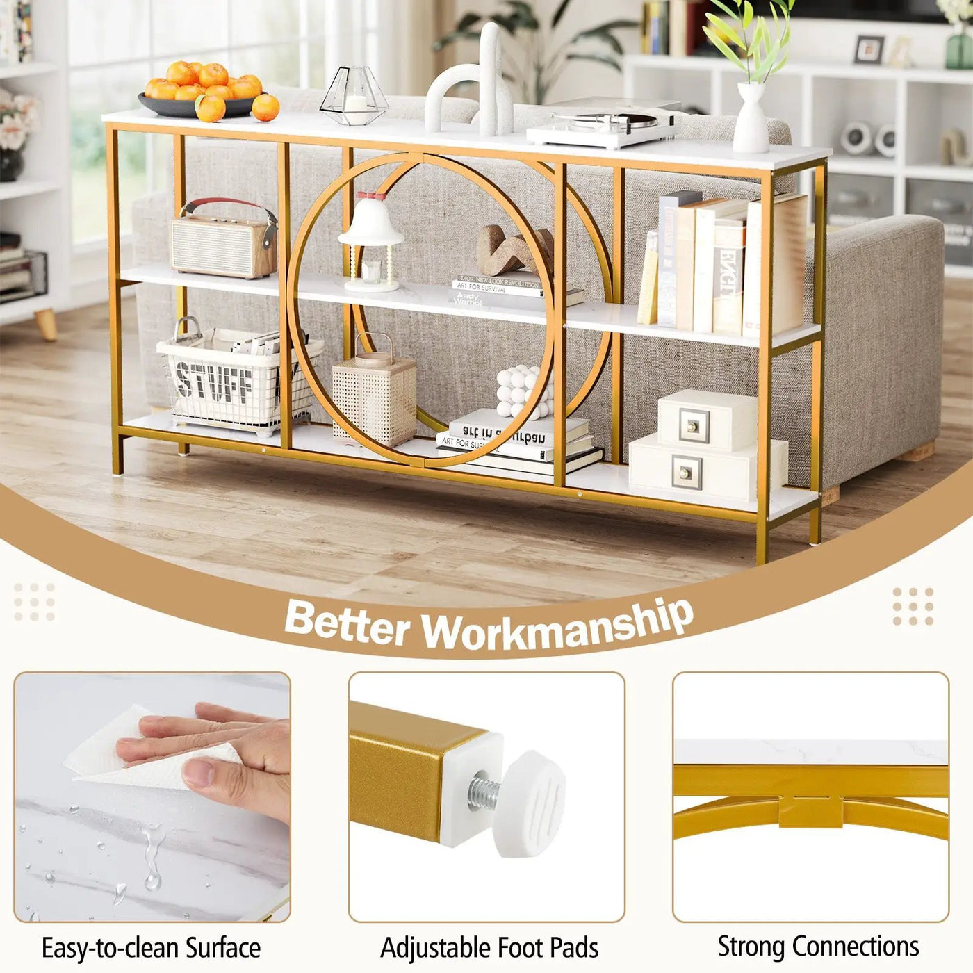 3-Tier Console Table with Faux Marble Top and Storage Shelves for Hallway Living Room by DirectDeals
