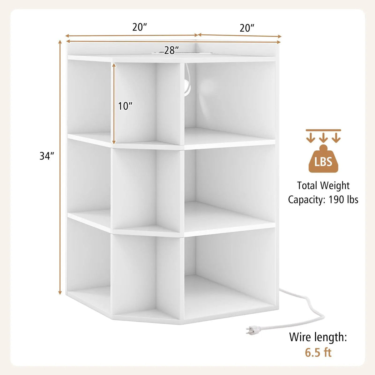 3-Tier Corner Cabinet with Charging Station for Bedroom, photo 5 of 10