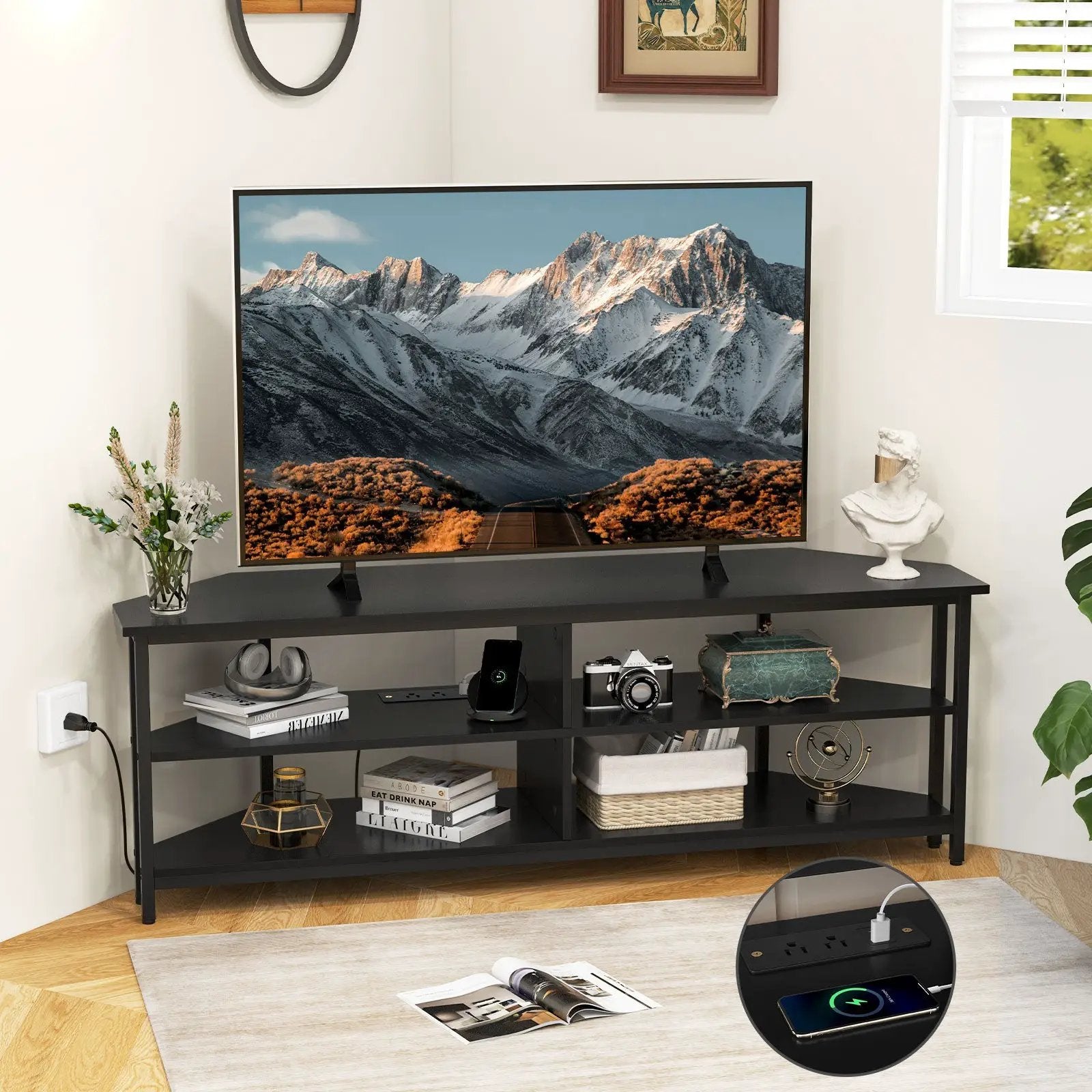 3-Tier Corner TV Stand for TVs up to 65 Inches with Charging Station by DirectDeals