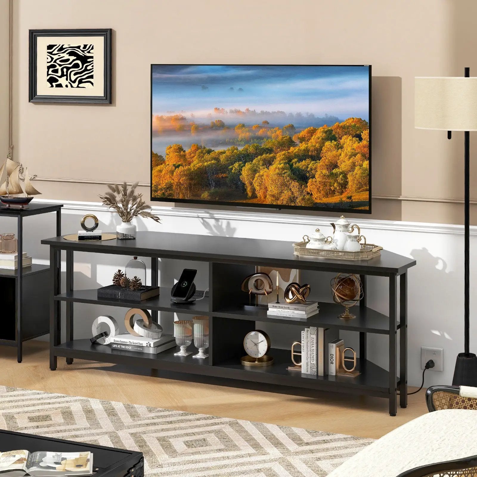 3-Tier Corner TV Stand for TVs up to 65 Inches with Charging Station by DirectDeals