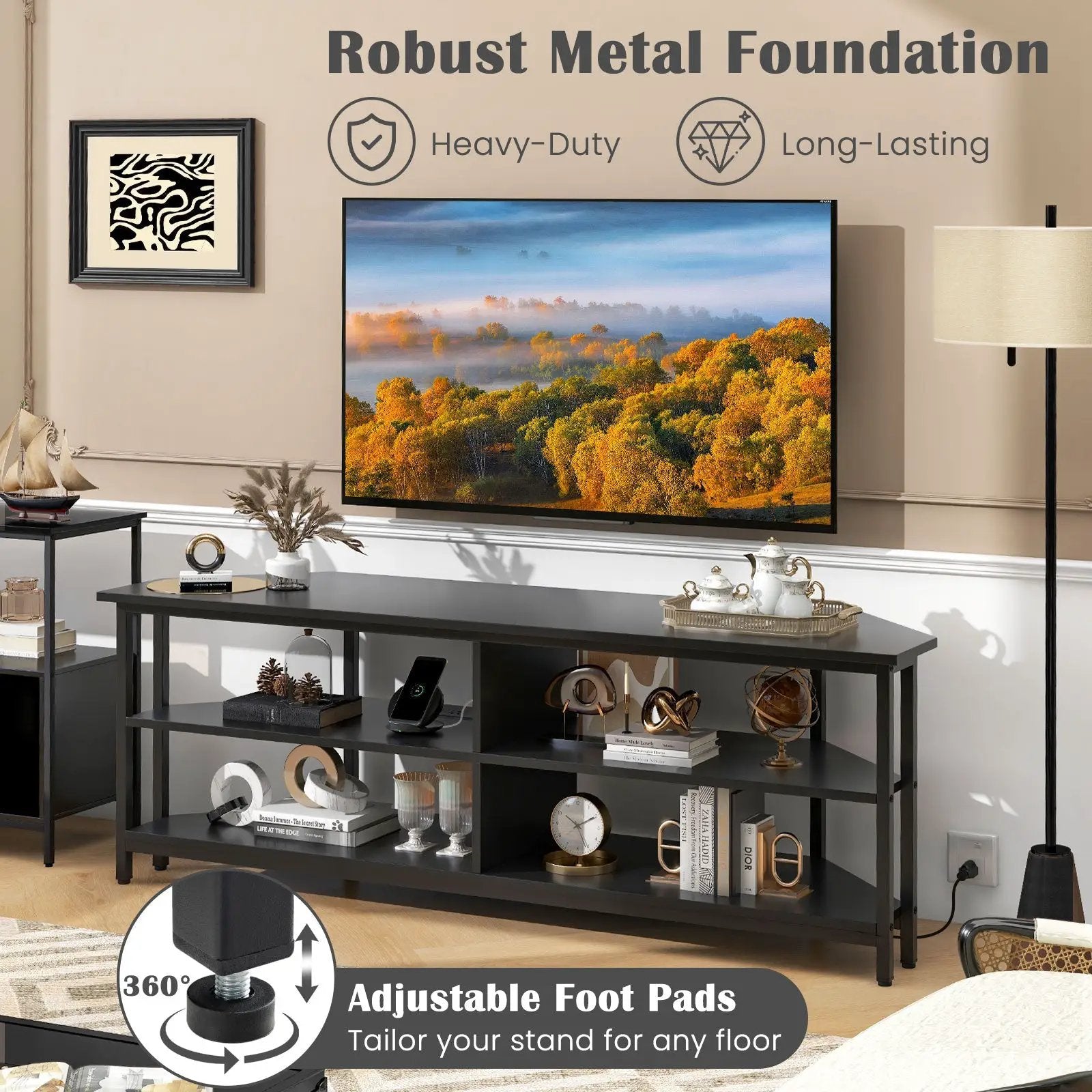 3-Tier Corner TV Stand for TVs up to 65 Inches with Charging Station by DirectDeals