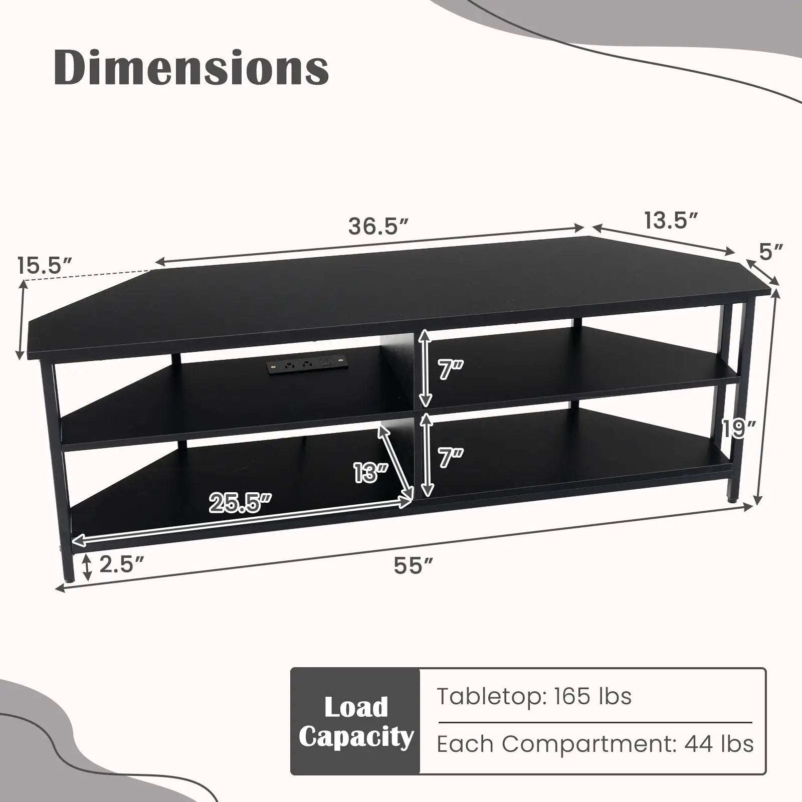 3-Tier Corner TV Stand for TVs up to 65 Inches with Charging Station by DirectDeals