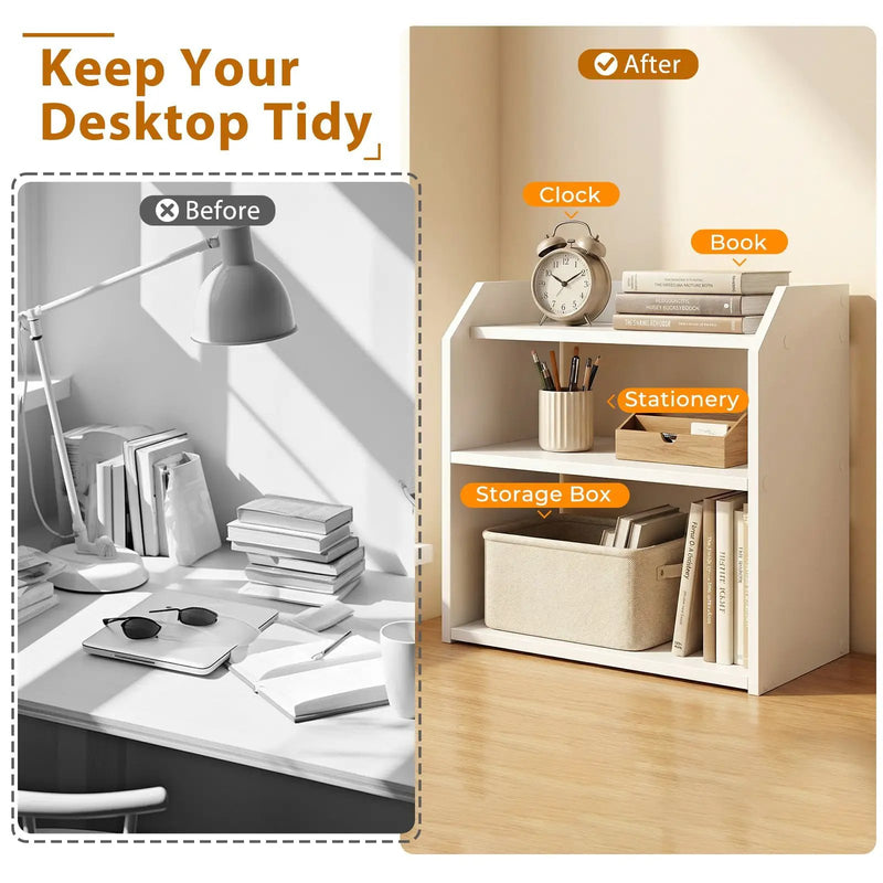 3-Tier Desktop Bookshelf Wooden Countertop Bookcase with Raised Top Guardrails-White by DirectDeals