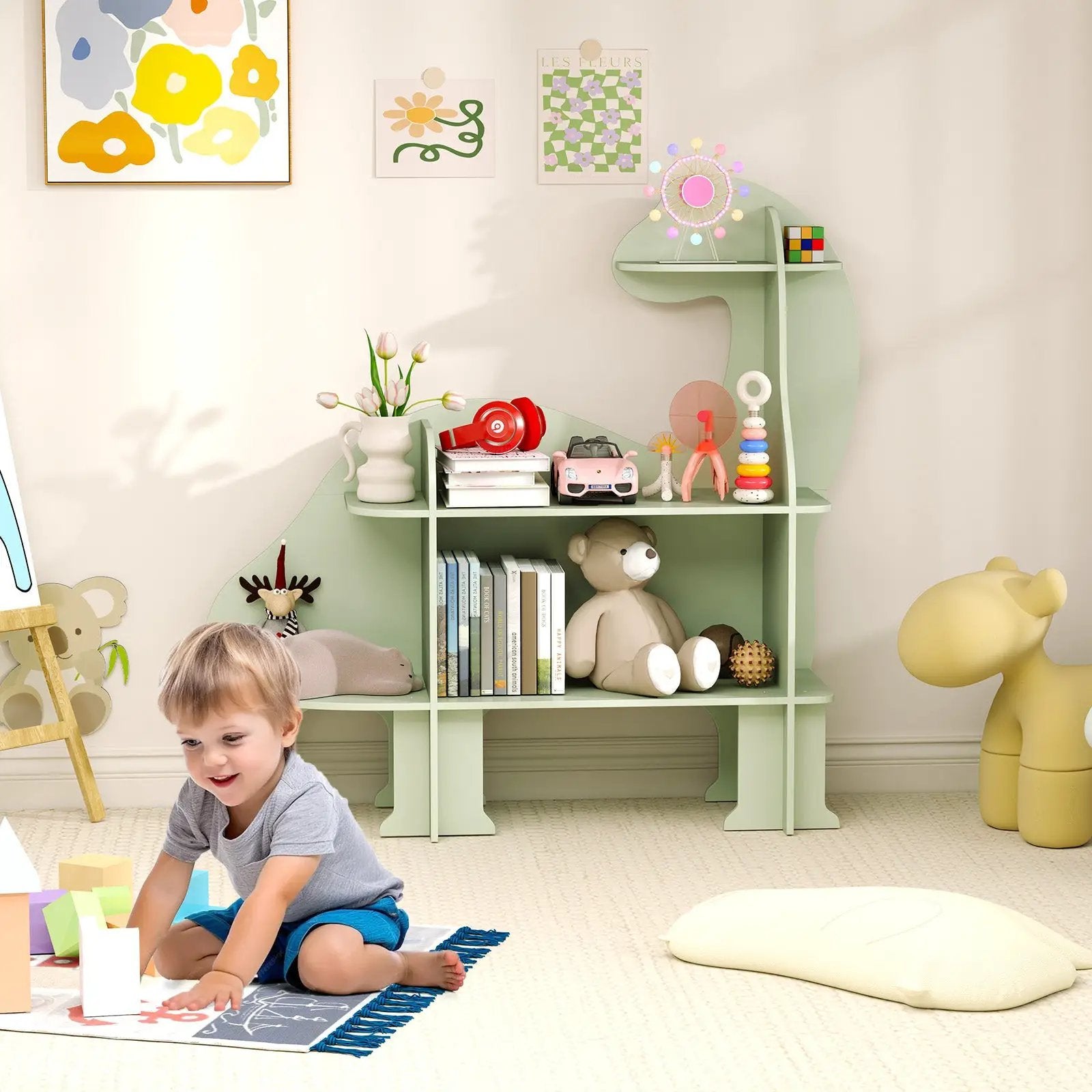 3-Tier Dinosaur Kids Bookshelf for Children-Green by DirectDeals