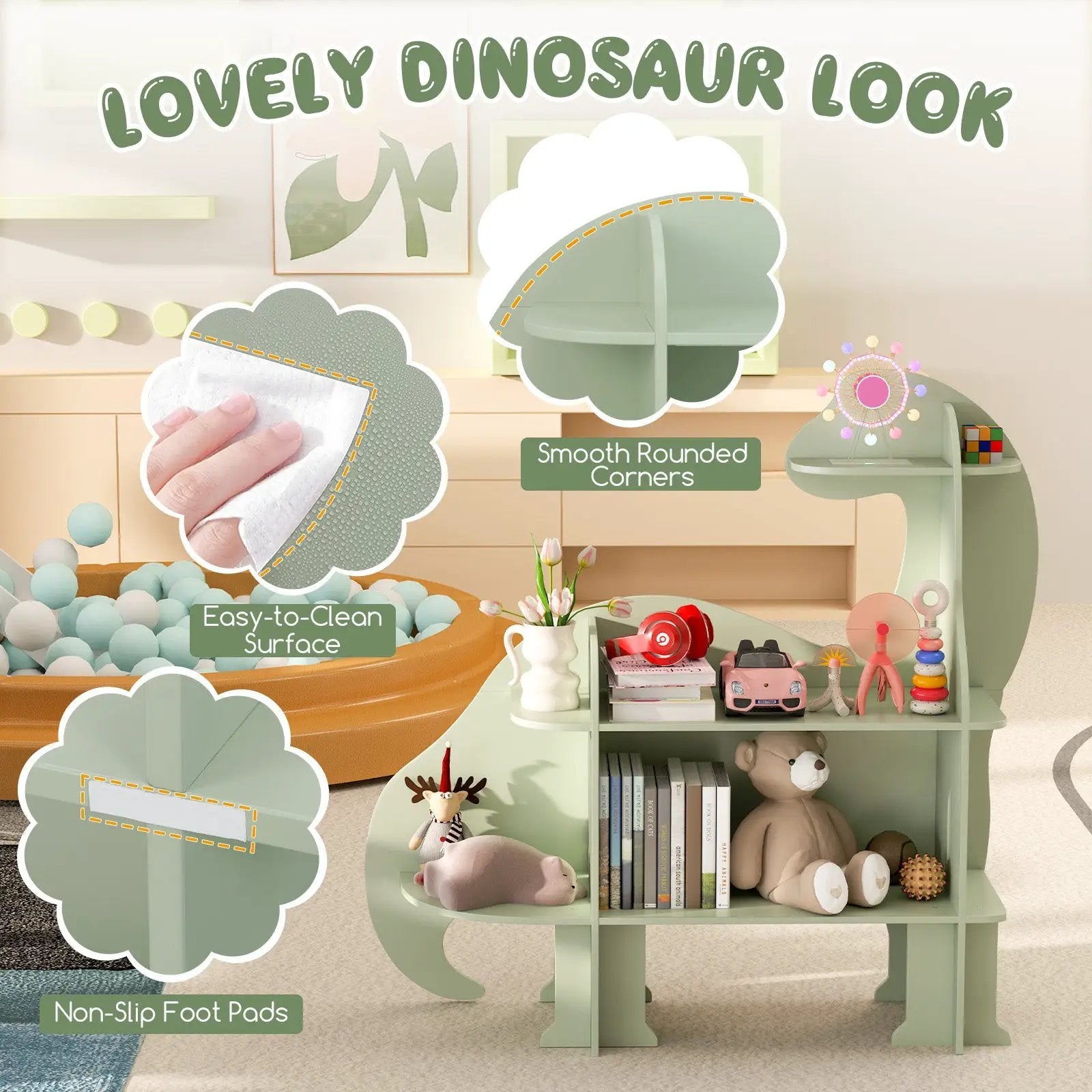 3-Tier Dinosaur Kids Bookshelf for Children-Green by DirectDeals