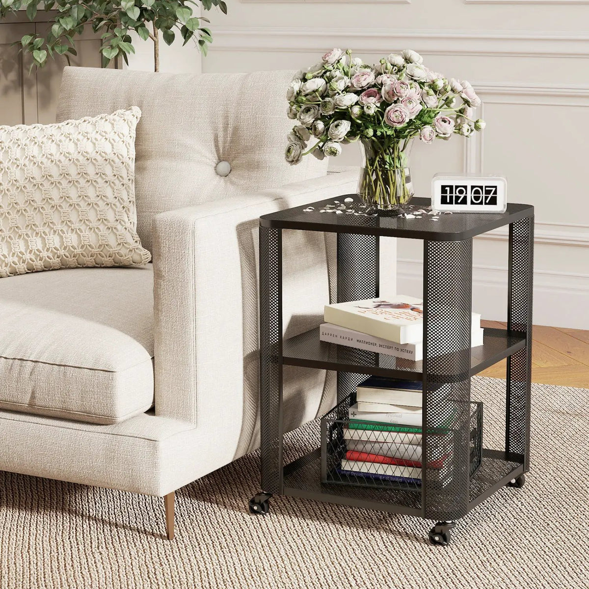 3-Tier End Table with Wheels Rolling Side Table with Open Storage Shelves, photo 10 of 16