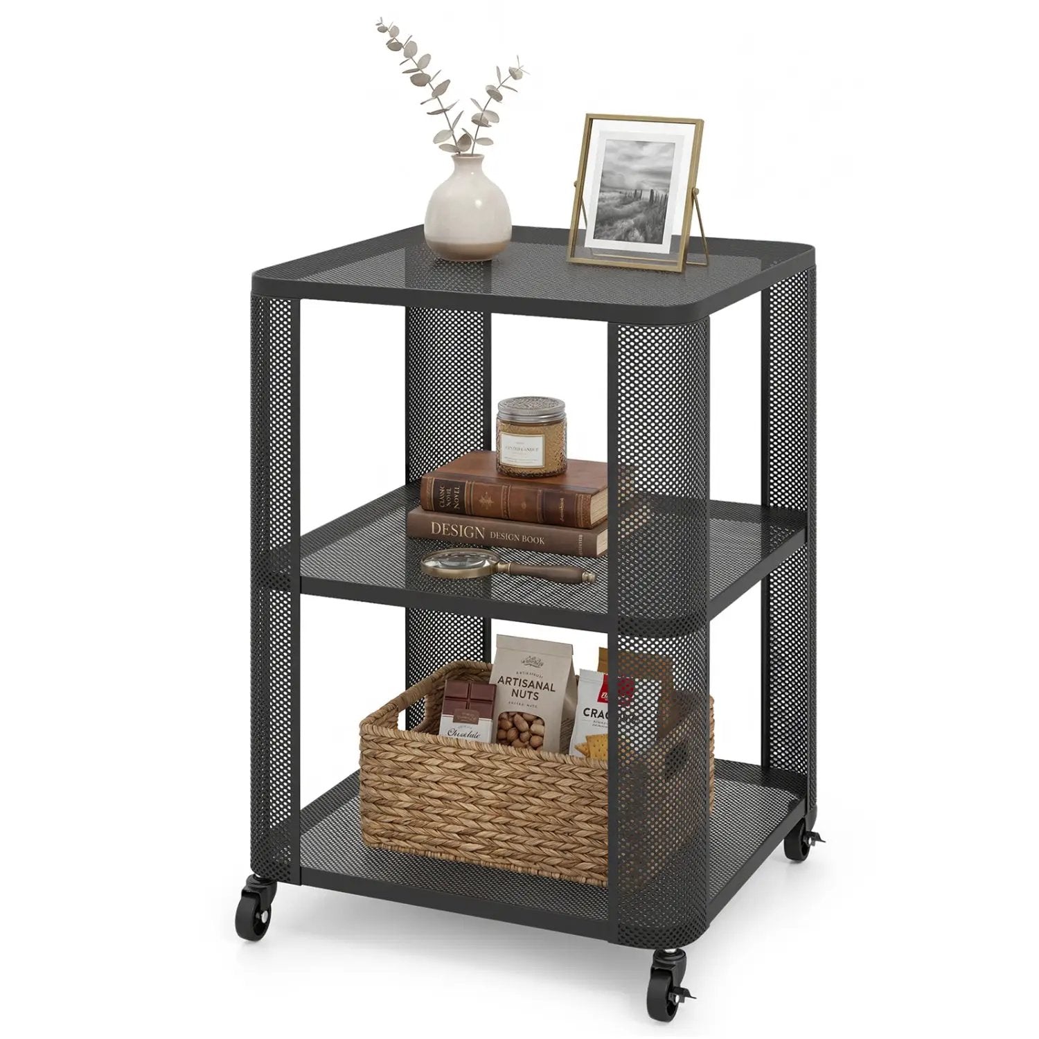 3-Tier End Table with Wheels Rolling Side Table with Open Storage Shelves by DirectDeals