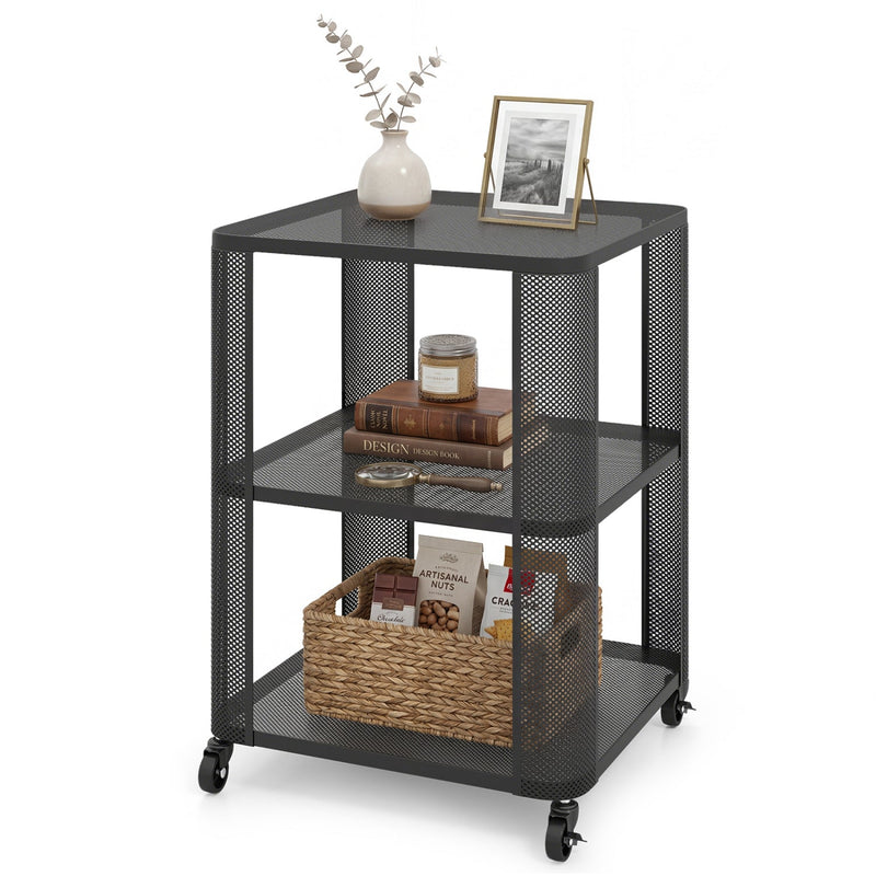 3-Tier End Table with Wheels Rolling Side Table with Open Storage Shelves by DirectDeals