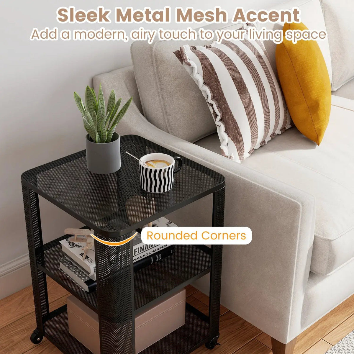 3-Tier End Table with Wheels Rolling Side Table with Open Storage Shelves, photo 14 of 16