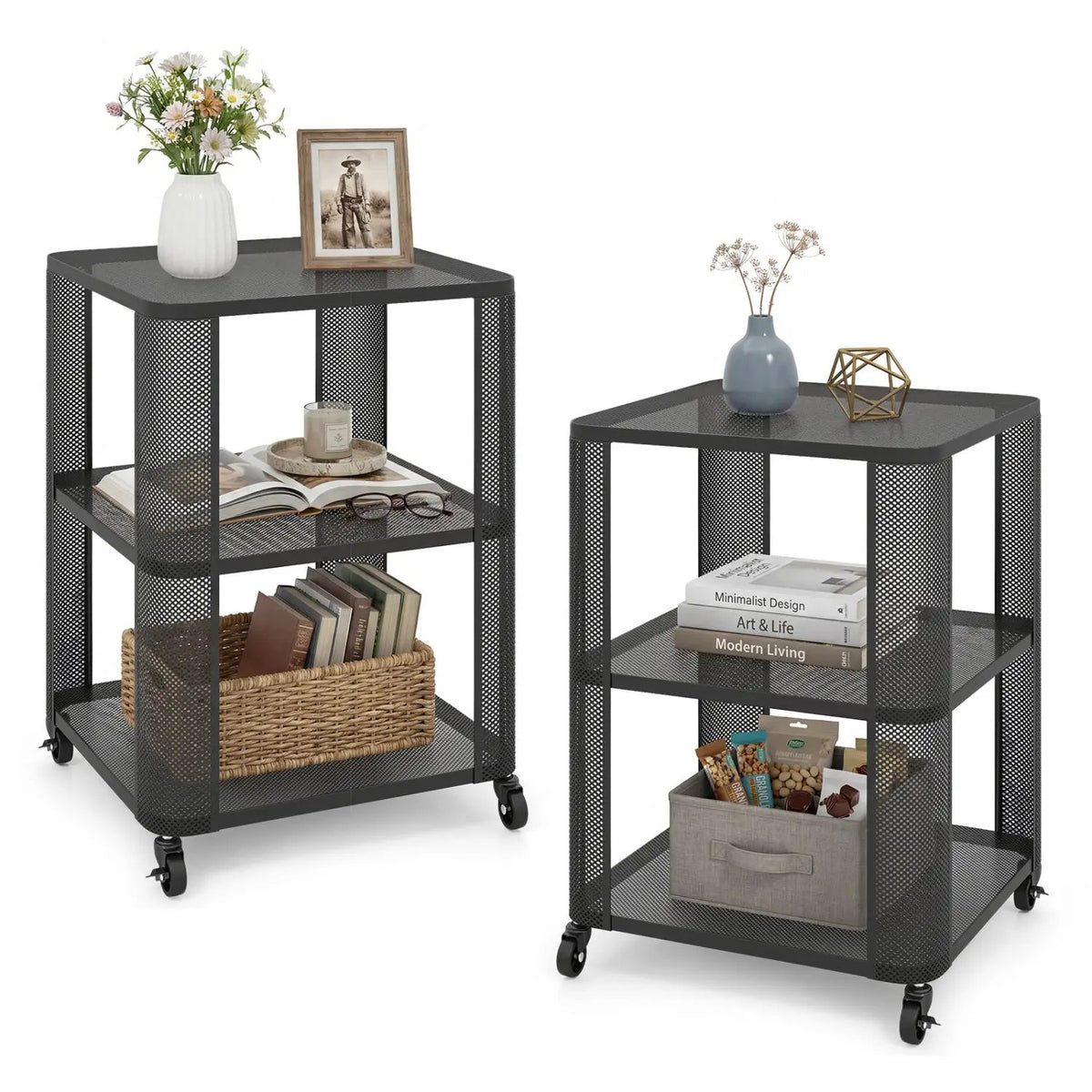 3-Tier End Table with Wheels Rolling Side Table with Open Storage Shelves, photo 4 of 16