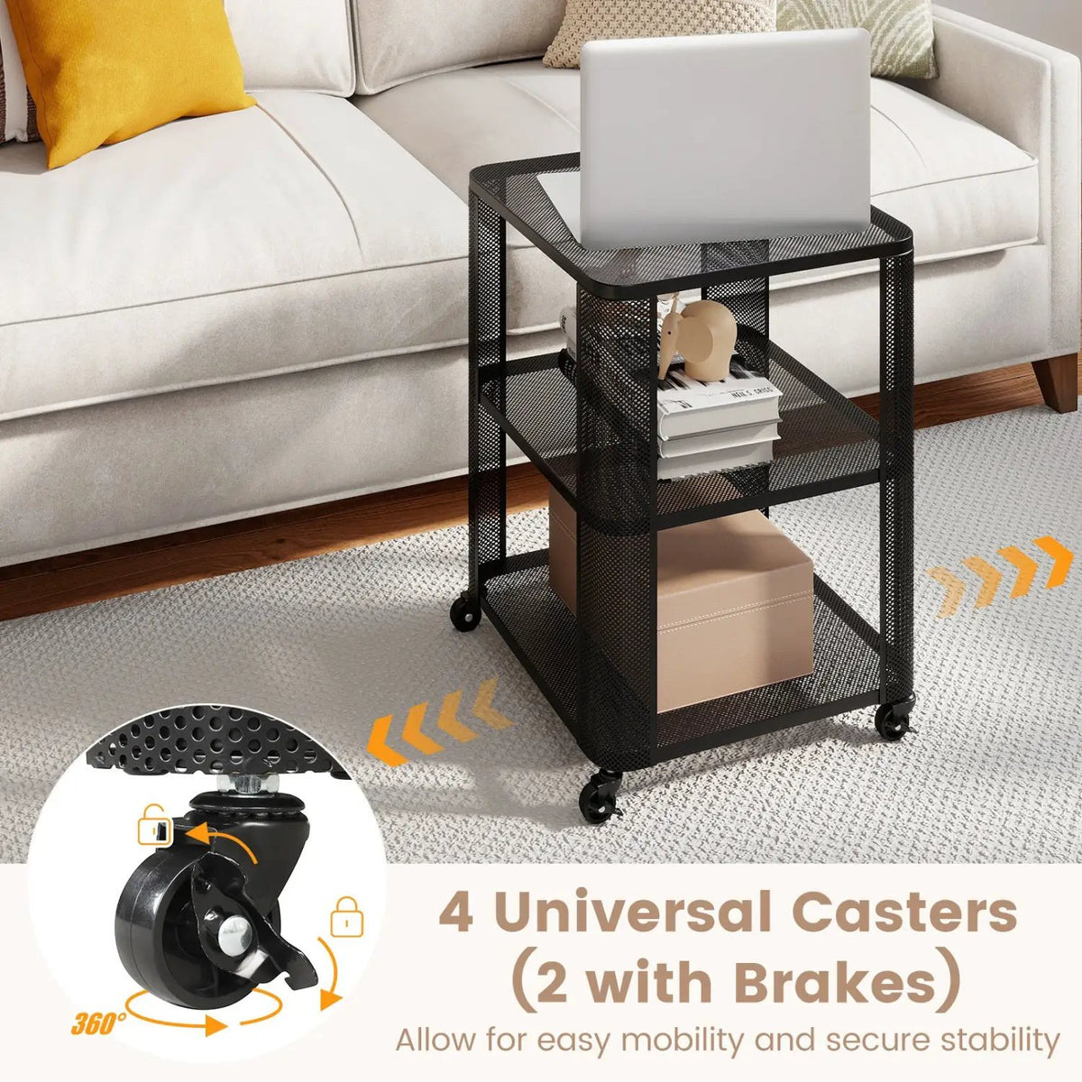 3-Tier End Table with Wheels Rolling Side Table with Open Storage Shelves, photo 6 of 16