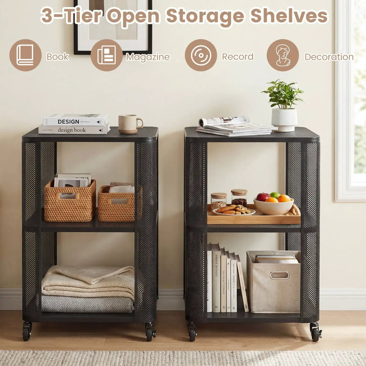 3-Tier End Table with Wheels Rolling Side Table with Open Storage Shelves, photo 8 of 16