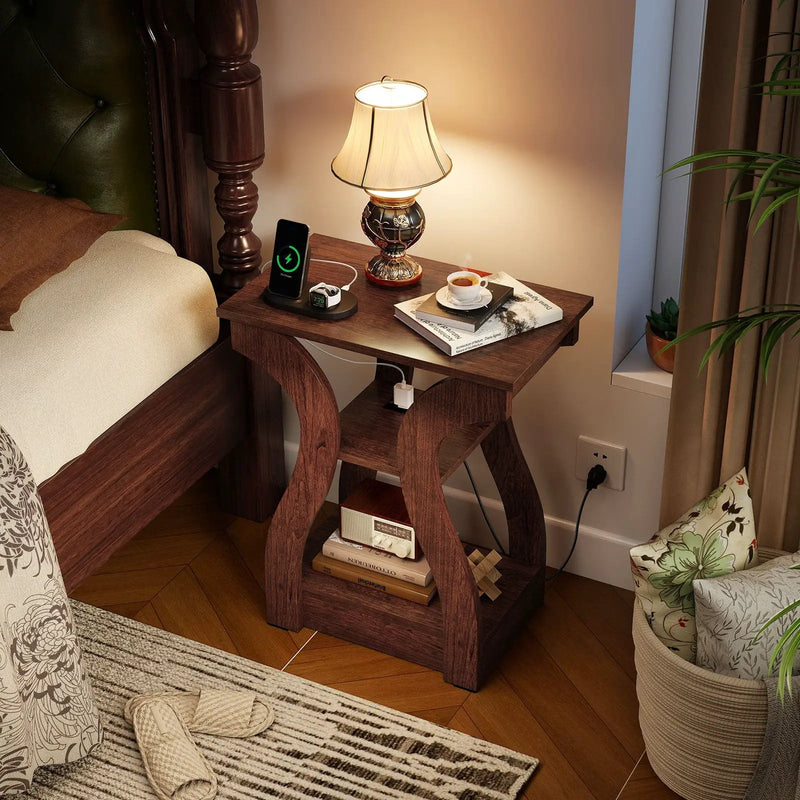 3-Tier End Tables with Charging Station Set of 2 with Open Storage Shelves by DirectDeals