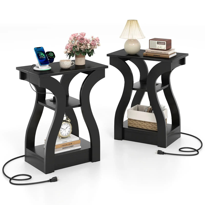 3-Tier End Tables with Charging Station Set of 2 with Open Storage Shelves by DirectDeals