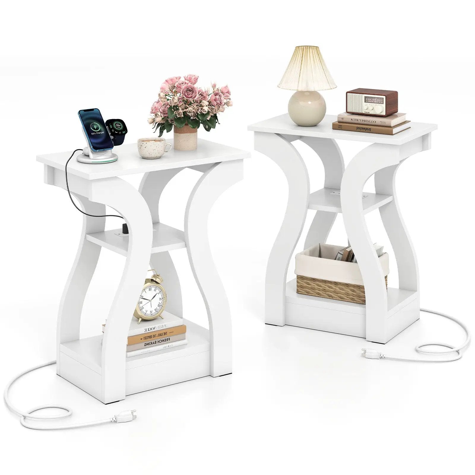 3-Tier End Tables with Charging Station Set of 2 with Open Storage Shelves by DirectDeals