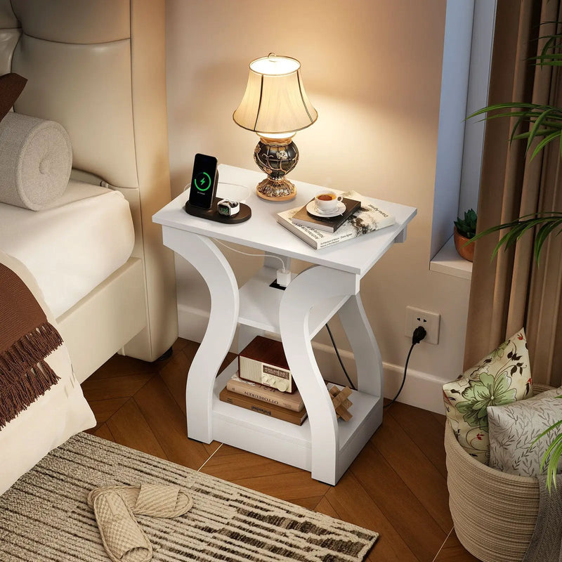 3-Tier End Tables with Charging Station Set of 2 with Open Storage Shelves by DirectDeals