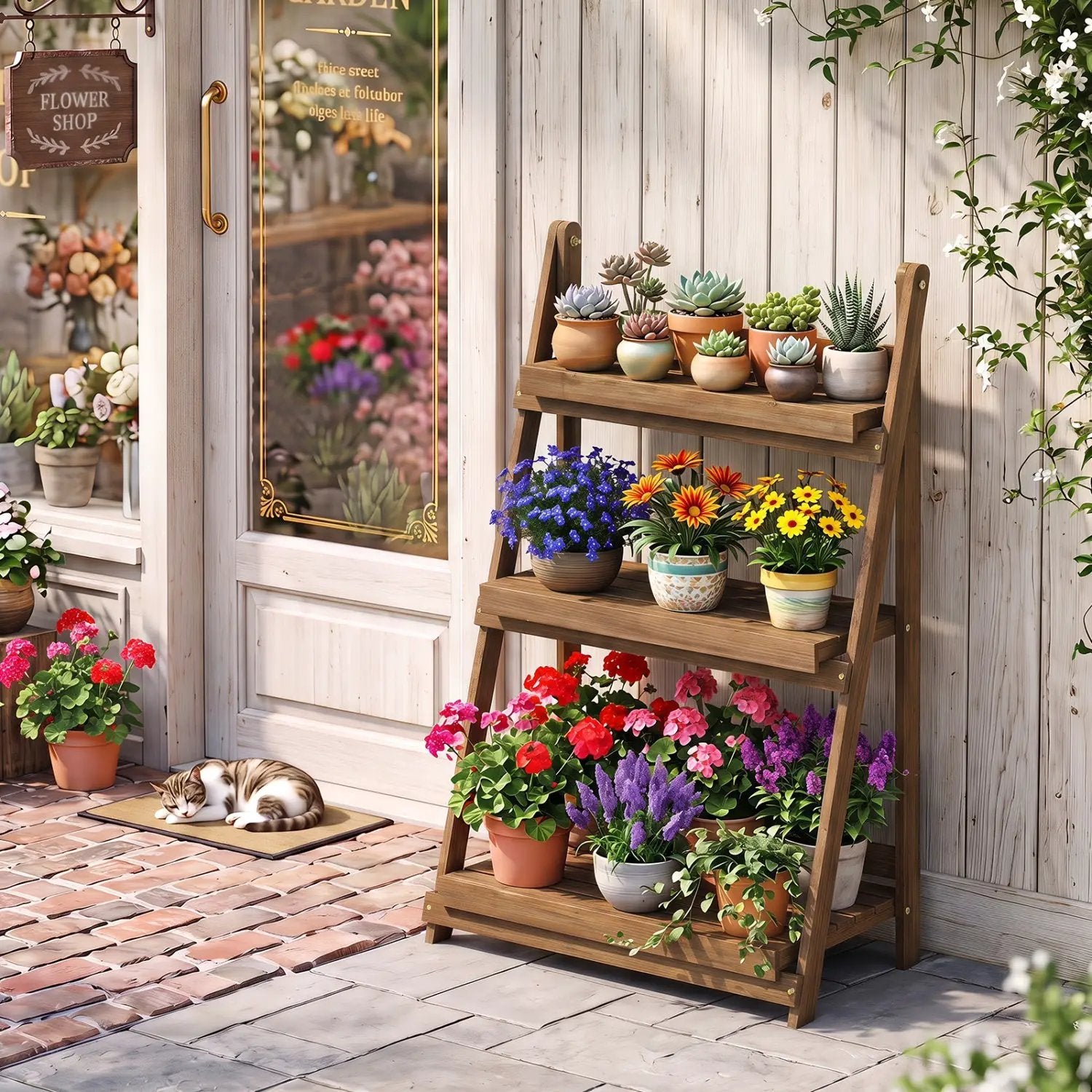 3-Tier Foldable Plant Stand with Slatted Shelves by DirectDeals