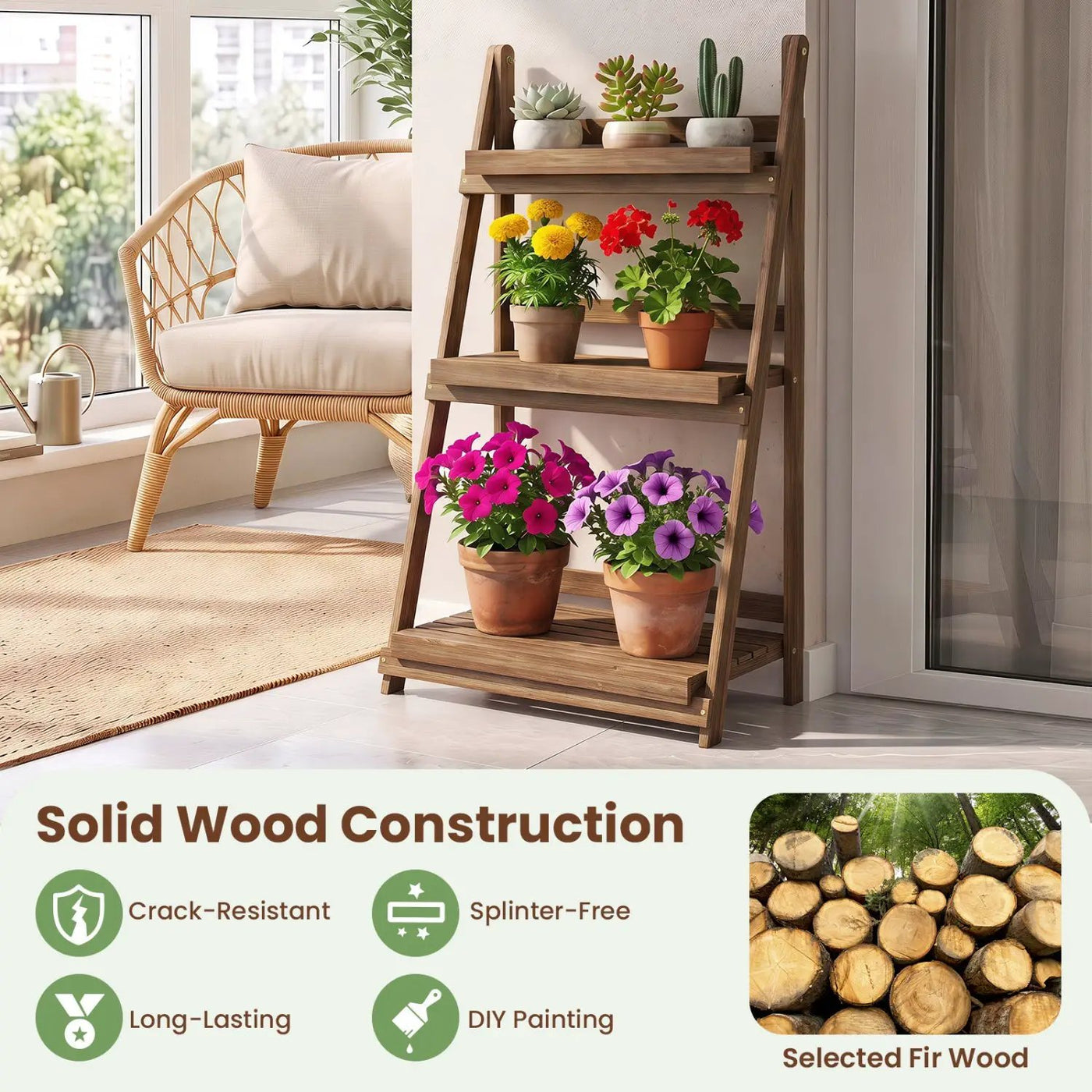 3-Tier Foldable Plant Stand with Slatted Shelves by DirectDeals