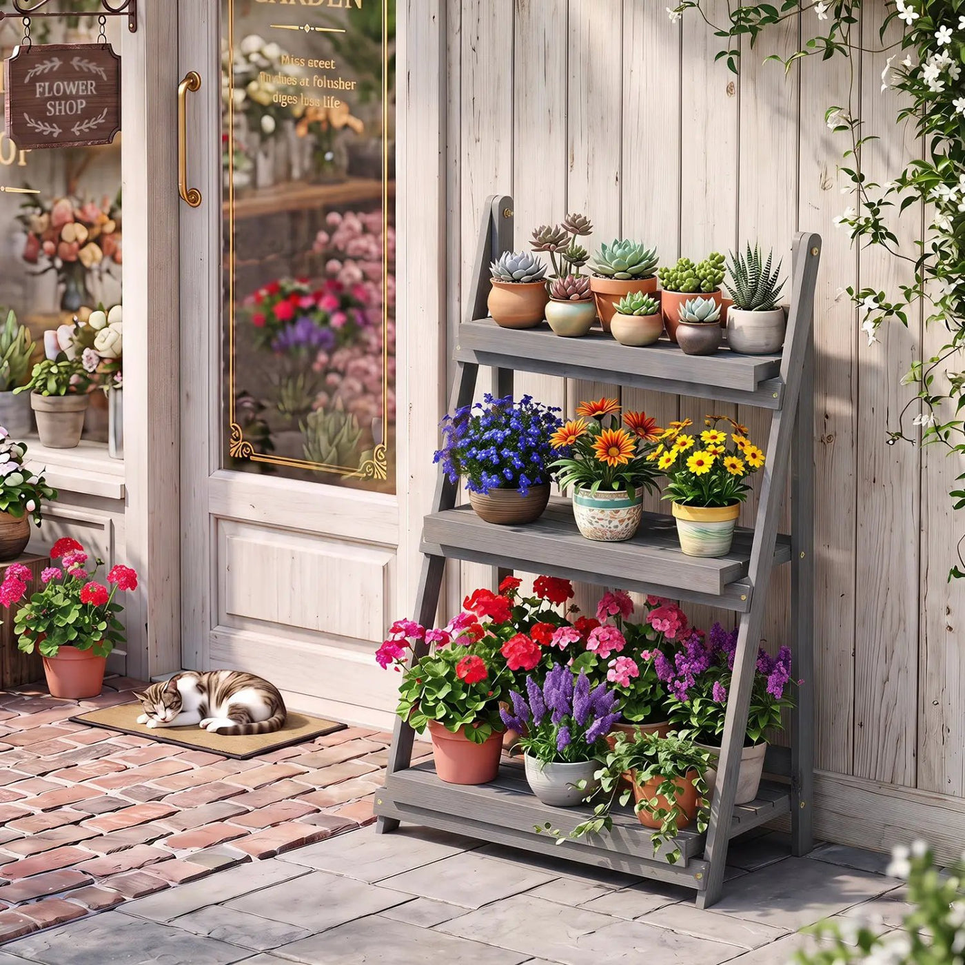 3-Tier Foldable Plant Stand with Slatted Shelves by DirectDeals