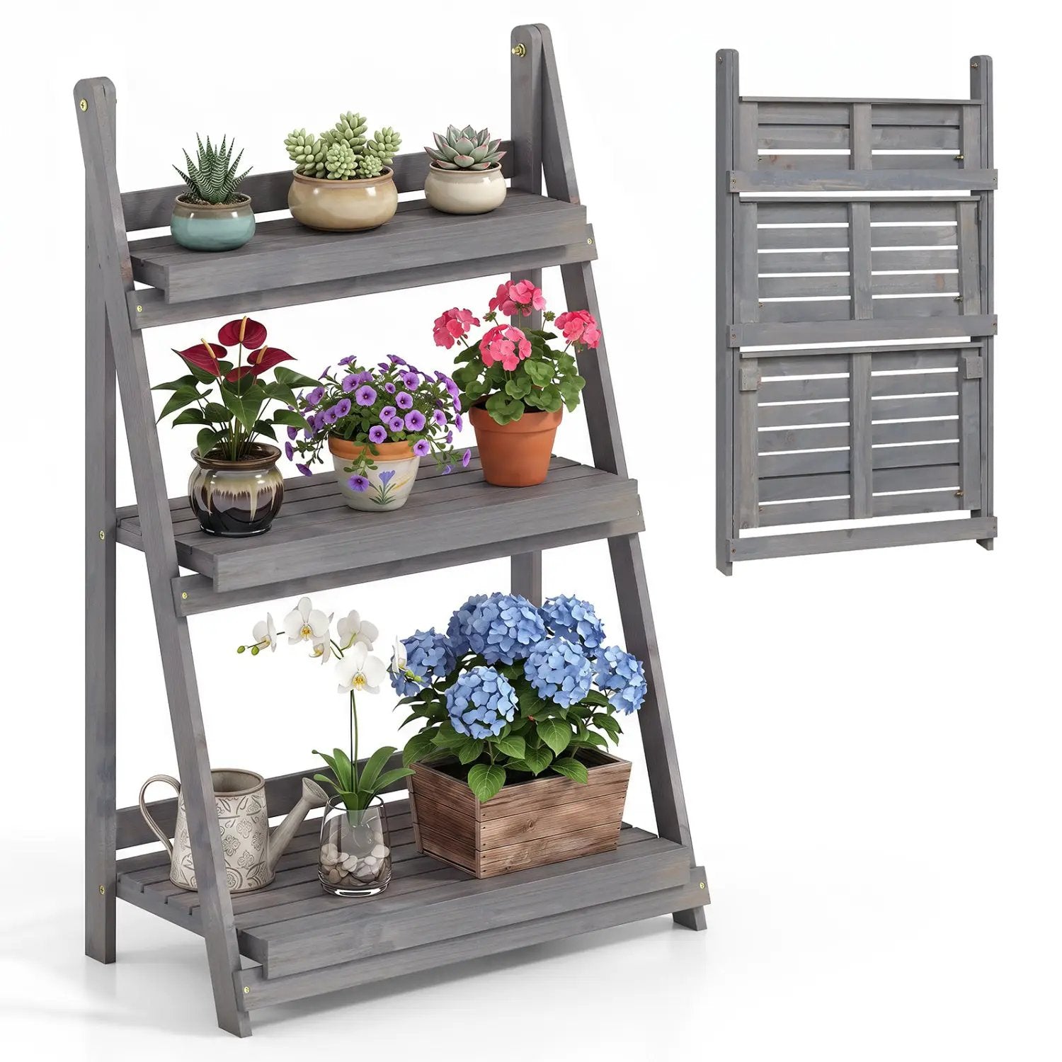 3-Tier Foldable Plant Stand with Slatted Shelves by DirectDeals