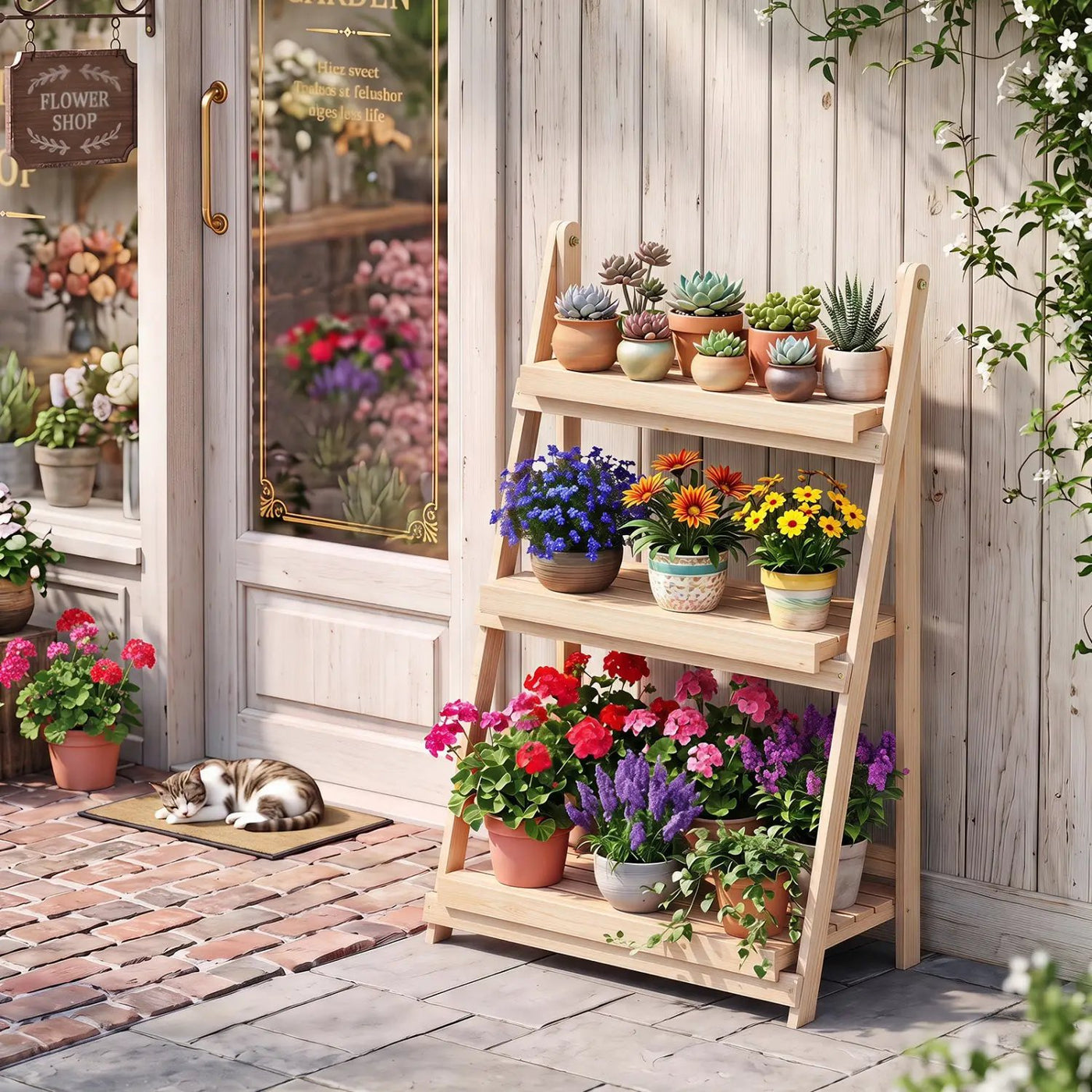 3-Tier Foldable Plant Stand with Slatted Shelves by DirectDeals