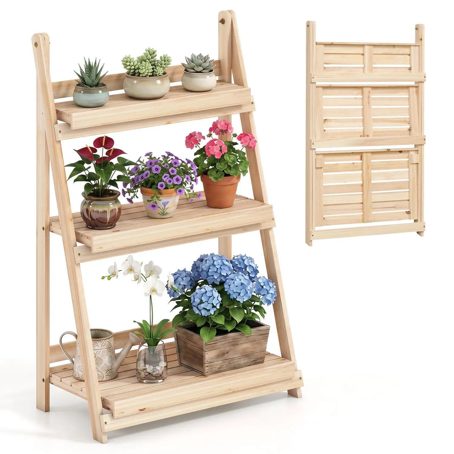 3-Tier Foldable Plant Stand with Slatted Shelves by DirectDeals