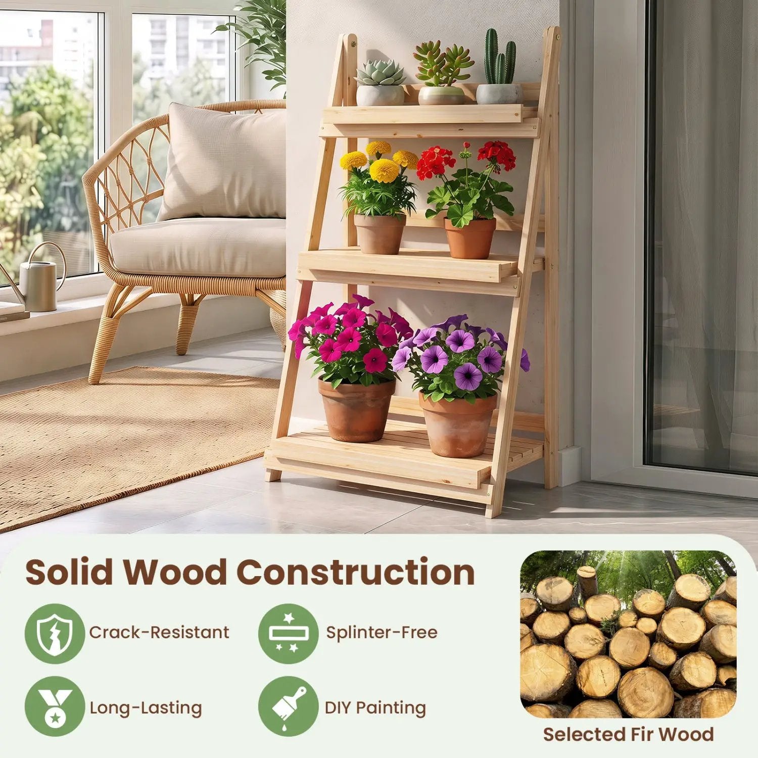 3-Tier Foldable Plant Stand with Slatted Shelves by DirectDeals