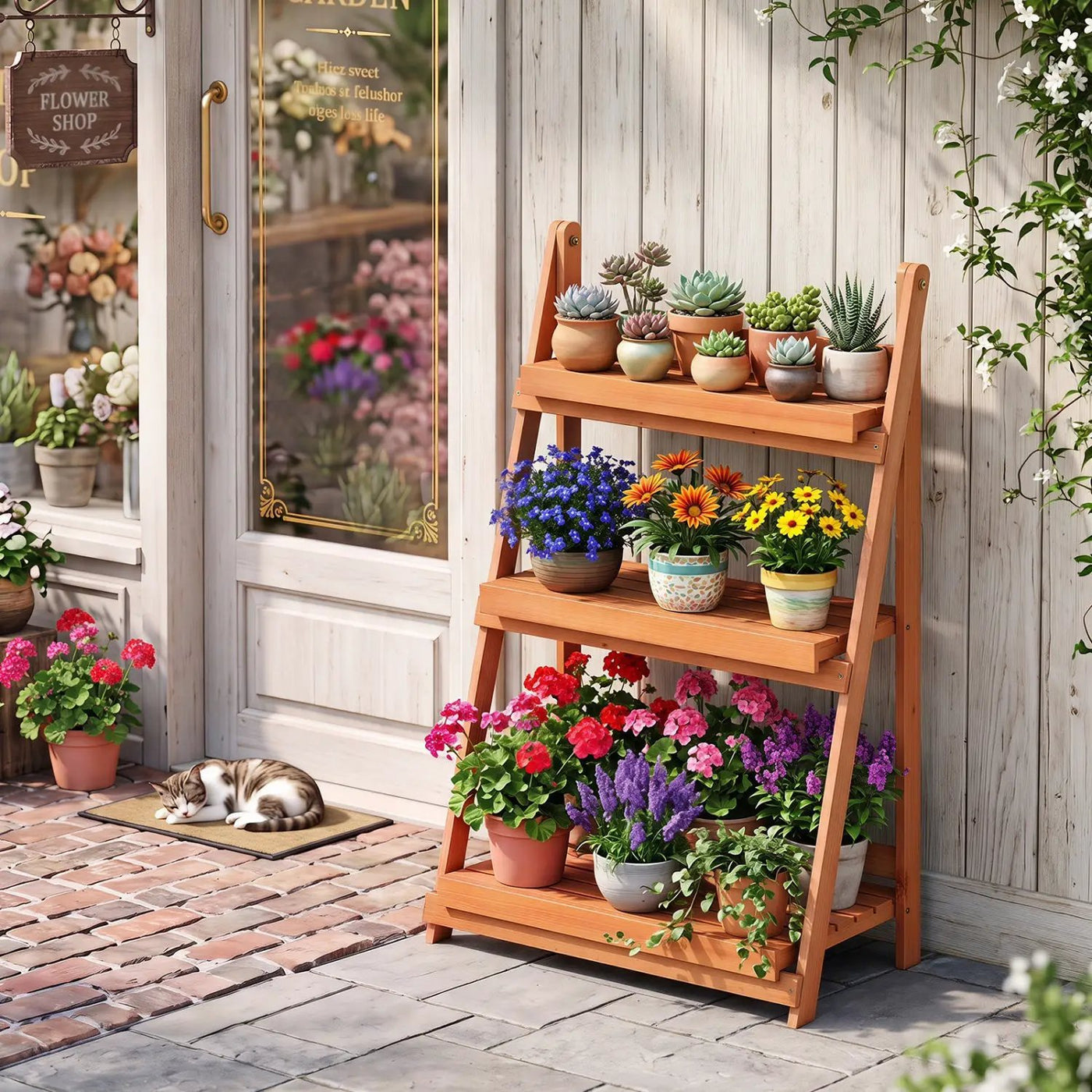 3-Tier Foldable Plant Stand with Slatted Shelves by DirectDeals
