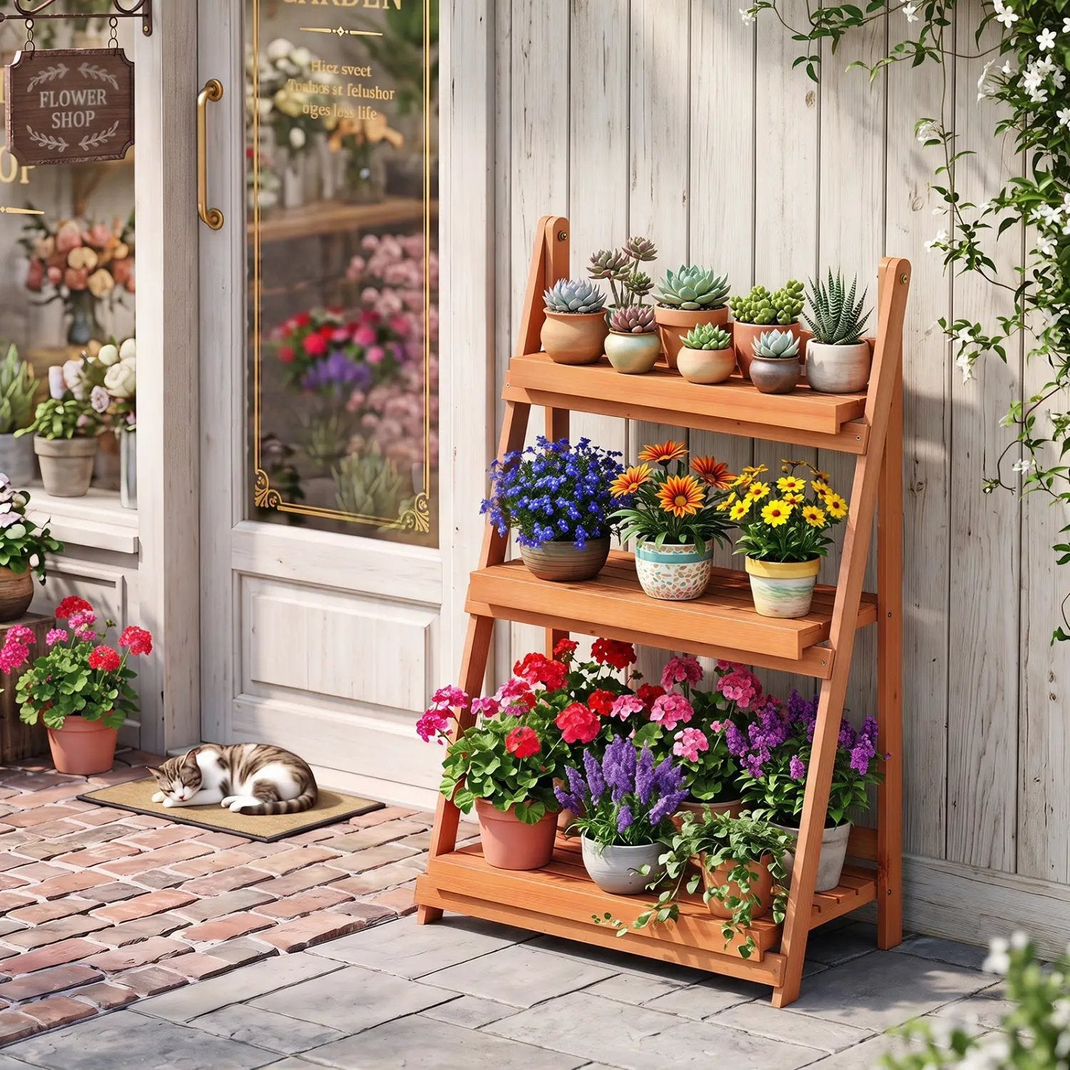 3-Tier Foldable Plant Stand with Slatted Shelves by DirectDeals