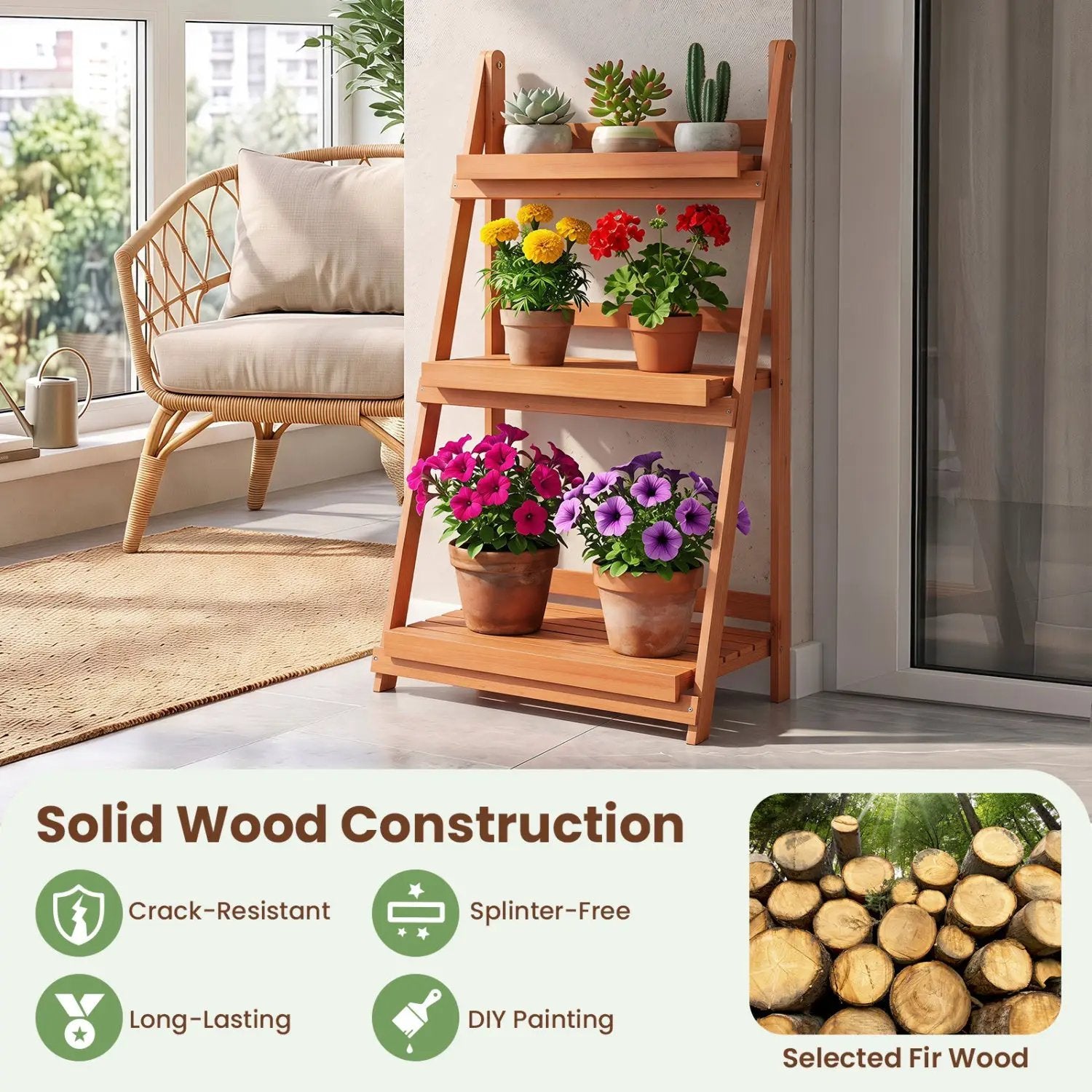 3-Tier Foldable Plant Stand with Slatted Shelves by DirectDeals