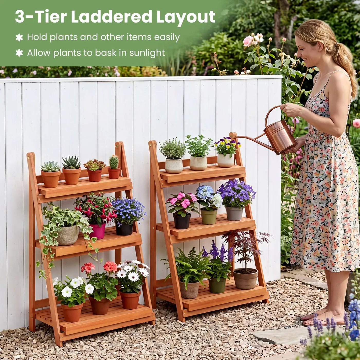 3-Tier Foldable Plant Stand with Slatted Shelves by DirectDeals