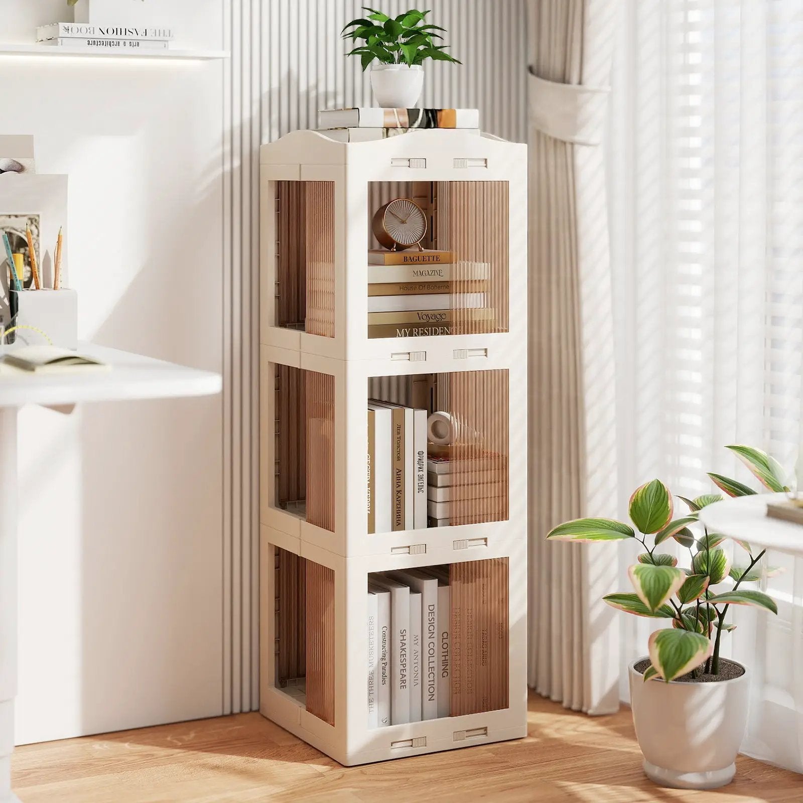 3-Tier Foldable Rotating Bookshelf with Swivel Base and Translucent Panels-White by DirectDeals