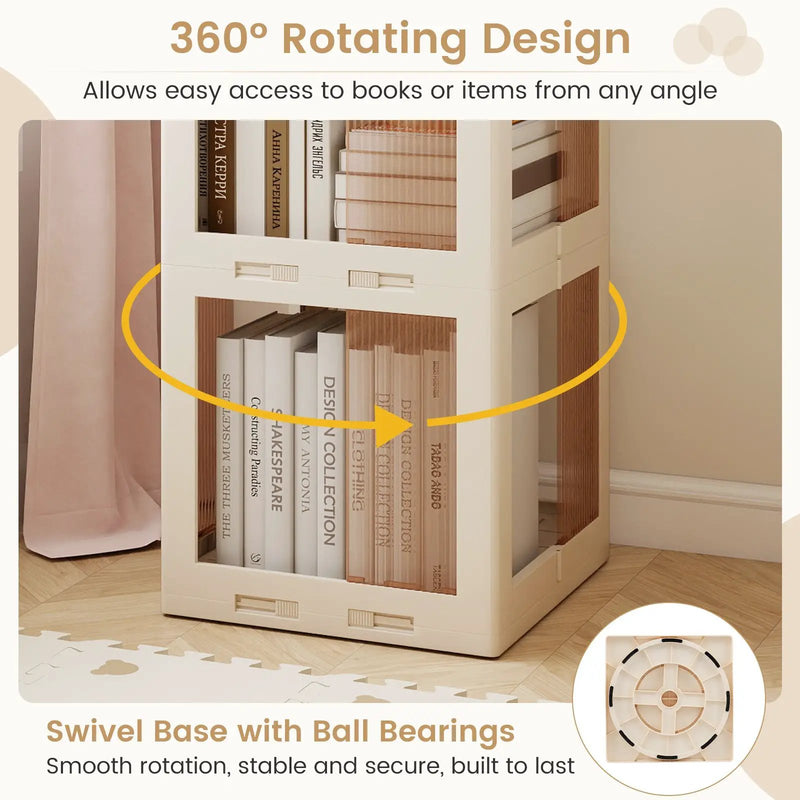 3-Tier Foldable Rotating Bookshelf with Swivel Base and Translucent Panels-White by DirectDeals