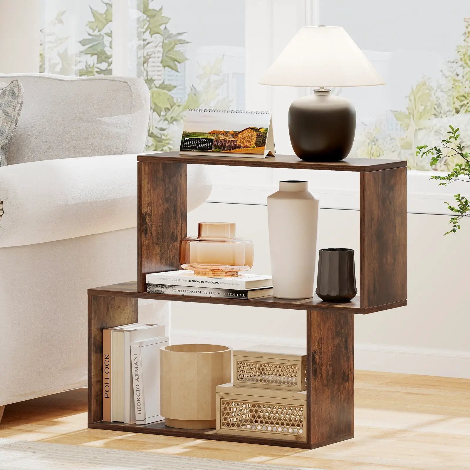 3-Tier Geometric Bookshelf Freestanding Wooden Bookcase with 2 Cubic Compartments-Brown by DirectDeals