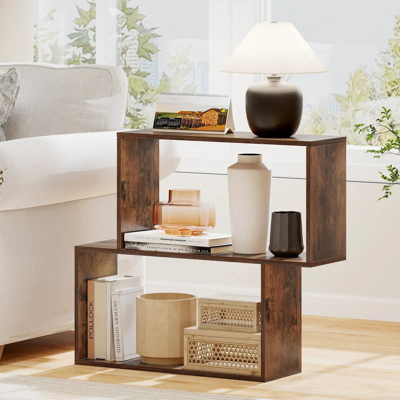 3-Tier Geometric Bookshelf Freestanding Wooden Bookcase with 2 Cubic Compartments-Brown by DirectDeals