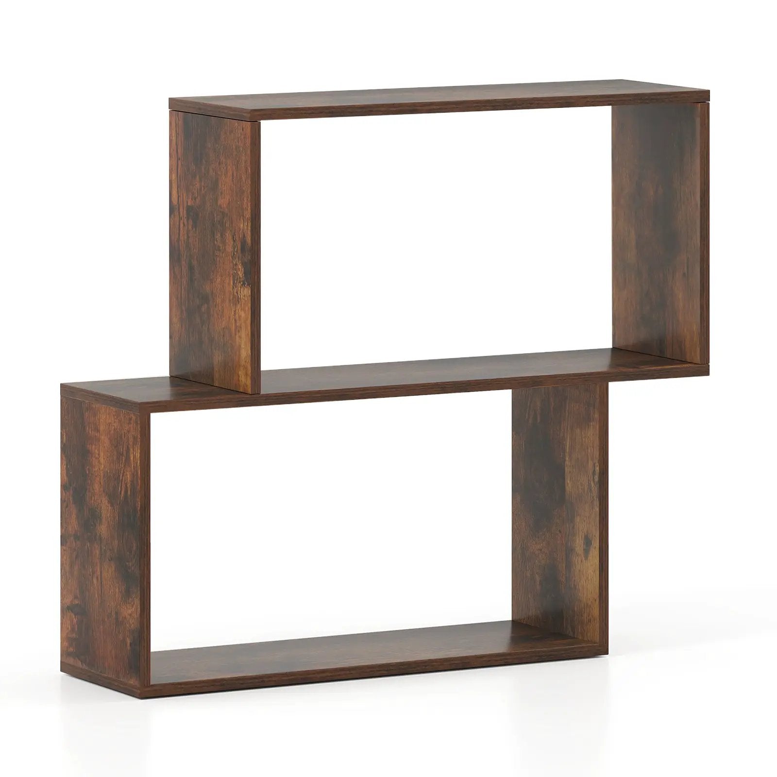 3-Tier Geometric Bookshelf Freestanding Wooden Bookcase with 2 Cubic Compartments-Brown by DirectDeals
