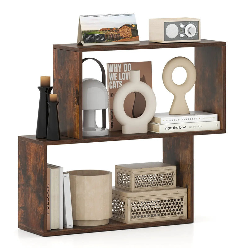 3-Tier Geometric Bookshelf Freestanding Wooden Bookcase with 2 Cubic Compartments-Brown by DirectDeals