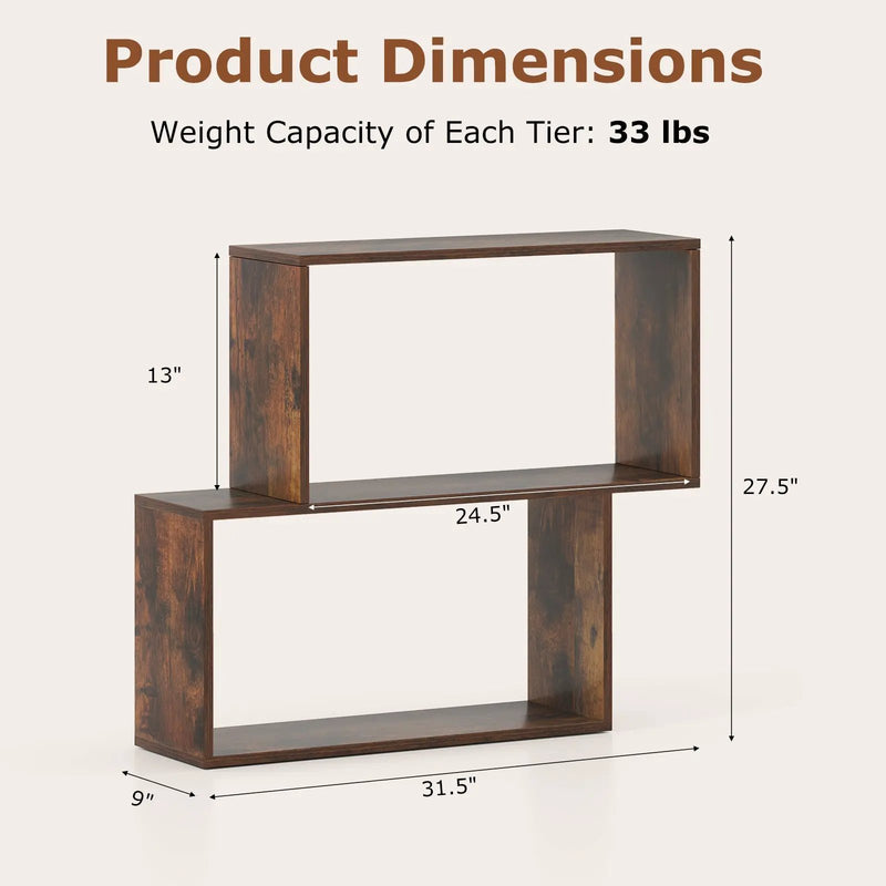 3-Tier Geometric Bookshelf Freestanding Wooden Bookcase with 2 Cubic Compartments-Brown by DirectDeals