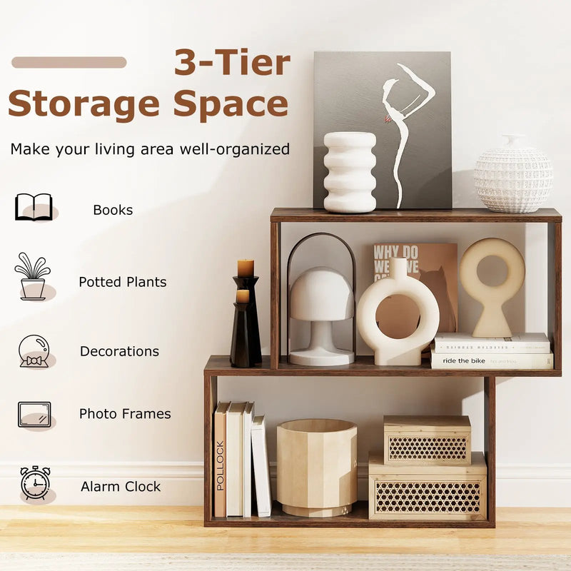 3-Tier Geometric Bookshelf Freestanding Wooden Bookcase with 2 Cubic Compartments-Brown by DirectDeals