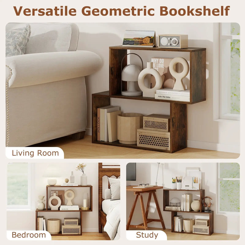 3-Tier Geometric Bookshelf Freestanding Wooden Bookcase with 2 Cubic Compartments-Brown by DirectDeals