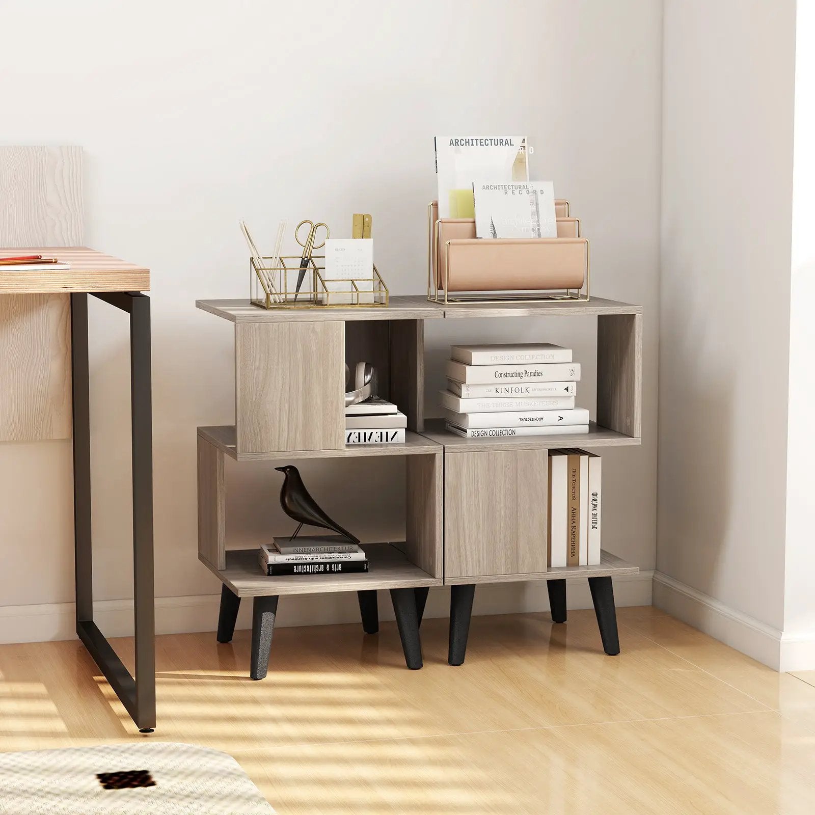 3-Tier Geometric Bookshelf Set of 2 with Open Storage Shelves by DirectDeals