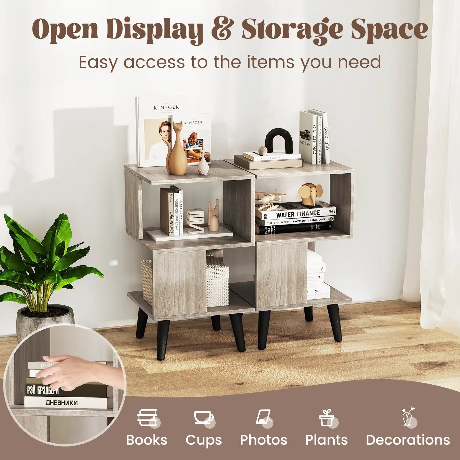 3-Tier Geometric Bookshelf Set of 2 with Open Storage Shelves by DirectDeals