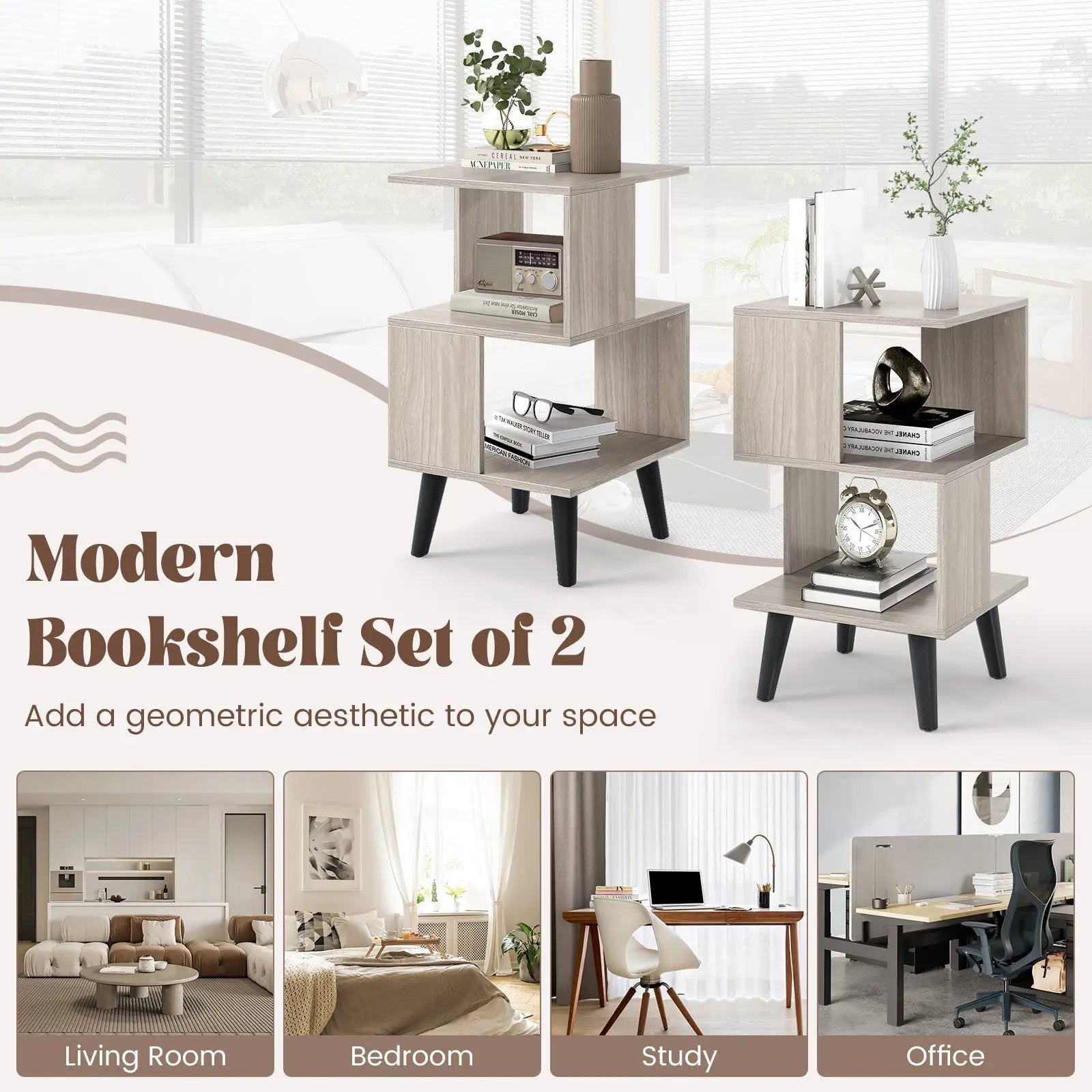 3-Tier Geometric Bookshelf Set of 2 with Open Storage Shelves by DirectDeals