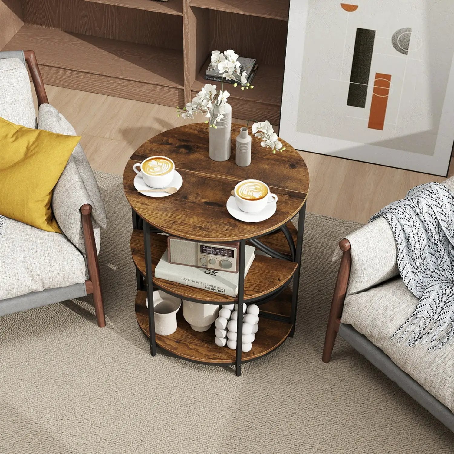 3-Tier Half Round End Table with Study Metal Frame for Living Room by DirectDeals