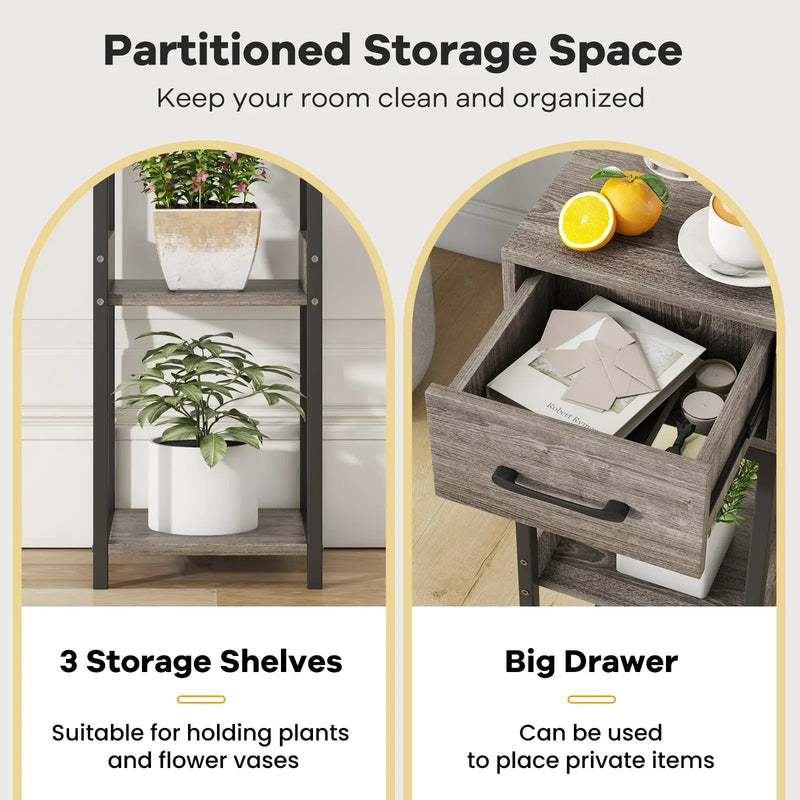 3 Tier Tall Plant Stand with Drawer Anti-tipping Devices-Gray by DirectDeals